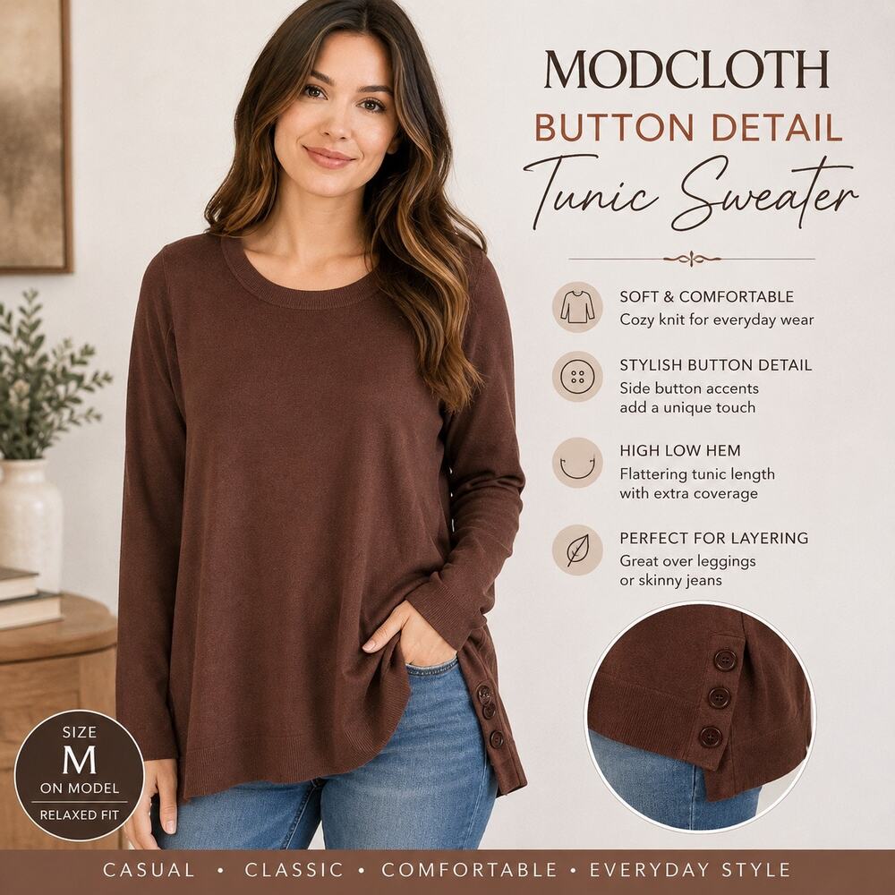 ModCloth Womens Brown Tunic Sweater Medium NWT Button Detail High Low Pullover